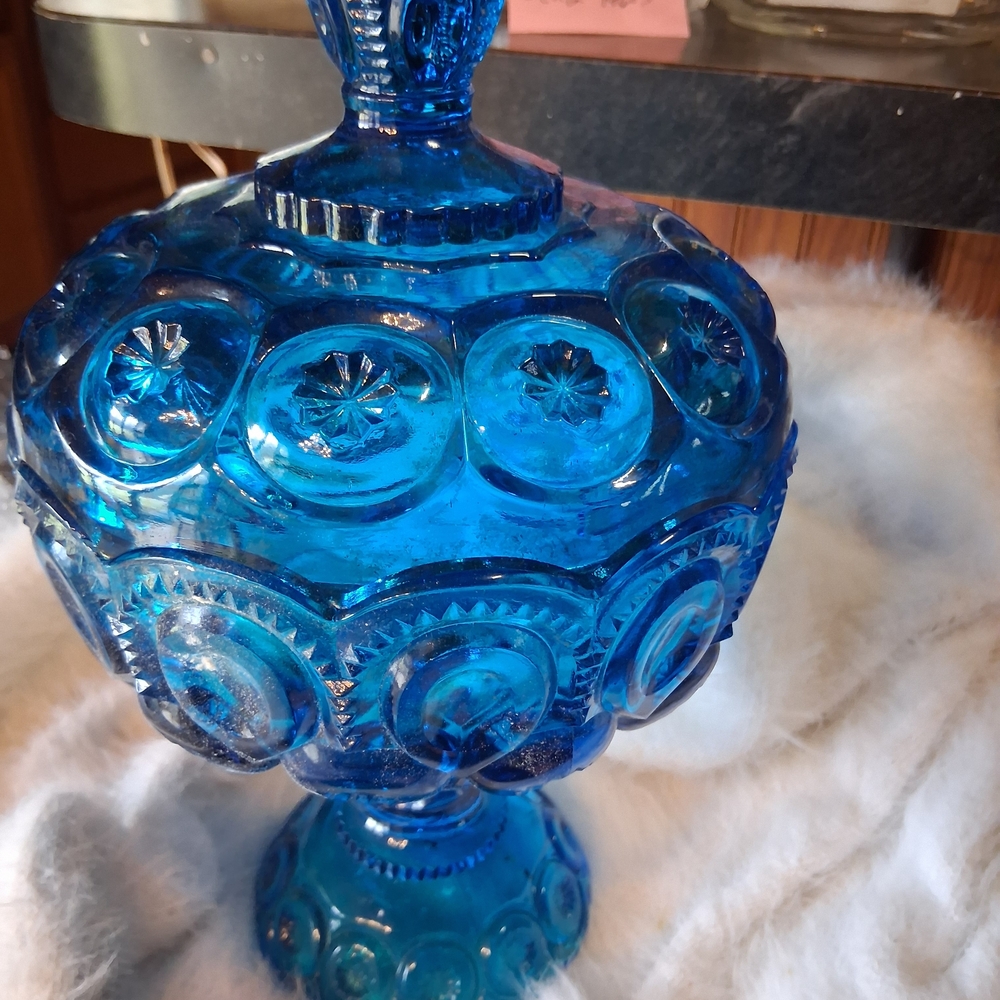 Blue Decorative Glass Covered Compote Vase